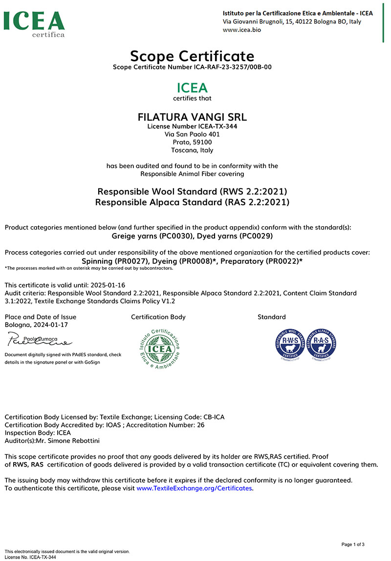 Global Recycle Standard (GRS) Filatura Vangi azienda certificata 